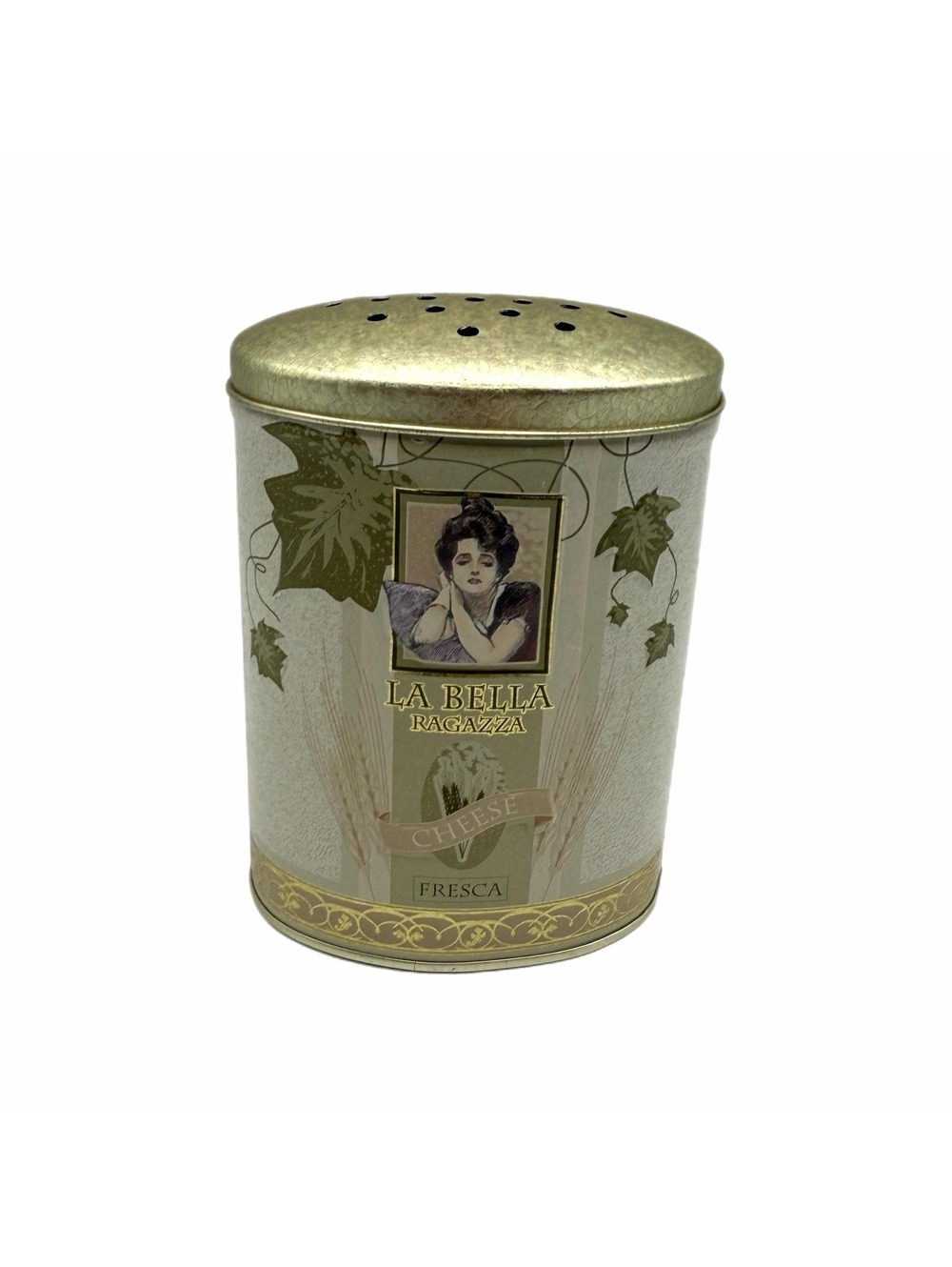 Vintage La Bella Ragazza Cheese Shaker Tin Storage Container - Empty